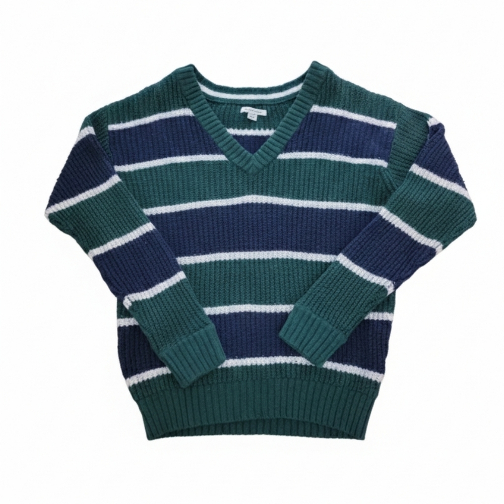 American Eagle Outfitters V-Neck Sweater - Teal and Navy Size Small